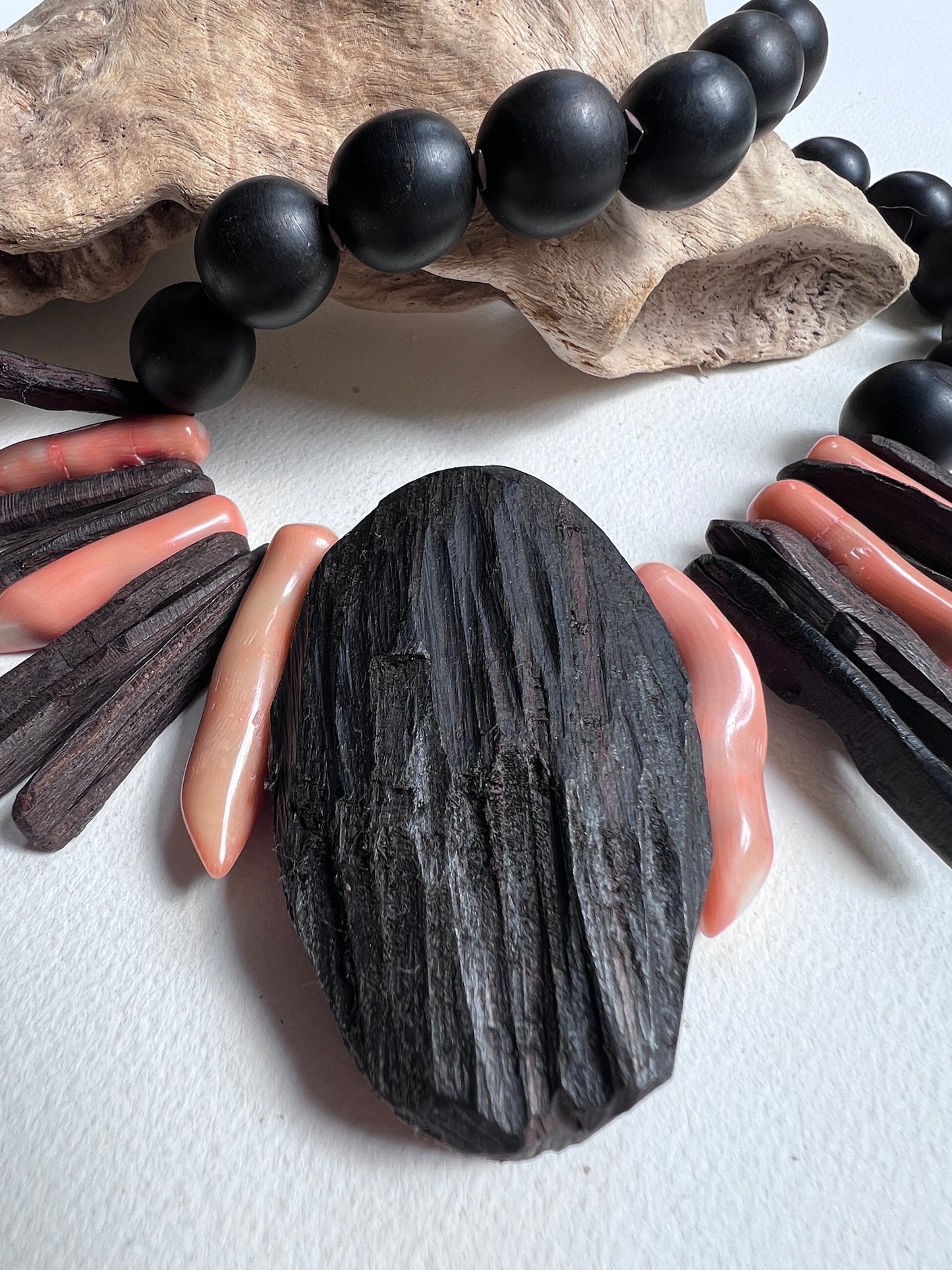 Tafui Statement Necklace. Ebony Wood, Pink  Corals