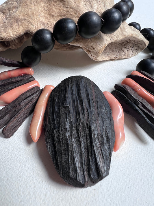 Tafui Statement Necklace. Ebony Wood, Pink  Corals