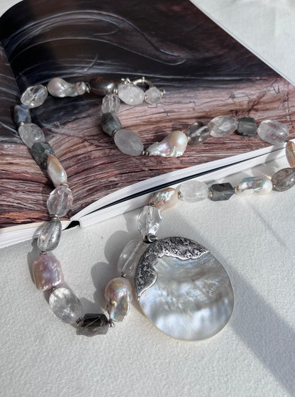 Ojore  Multistone Long Necklace  with Mother of Pearl Penadant.
