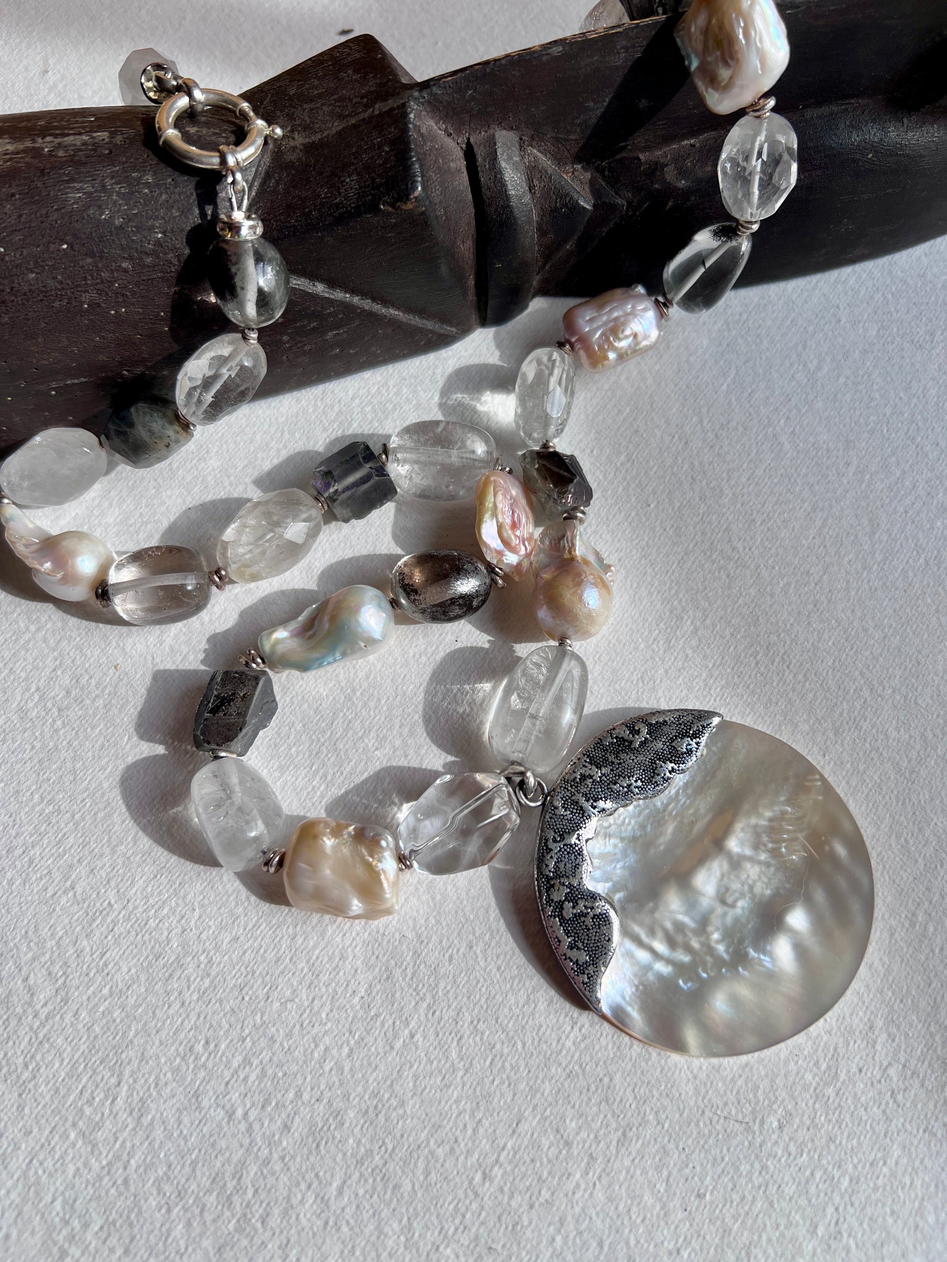 Ojore  Multistone Long Necklace  with Mother of Pearl Penadant.