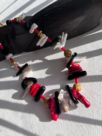 Haoran Statement Necklace with Corals and Pearls and Gold Plated Rudraksha Beads.