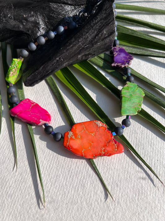 Qiani Necklace: A Limited Edition Gem.  Sea sediment Jasper,  Anodizes Pyrite.