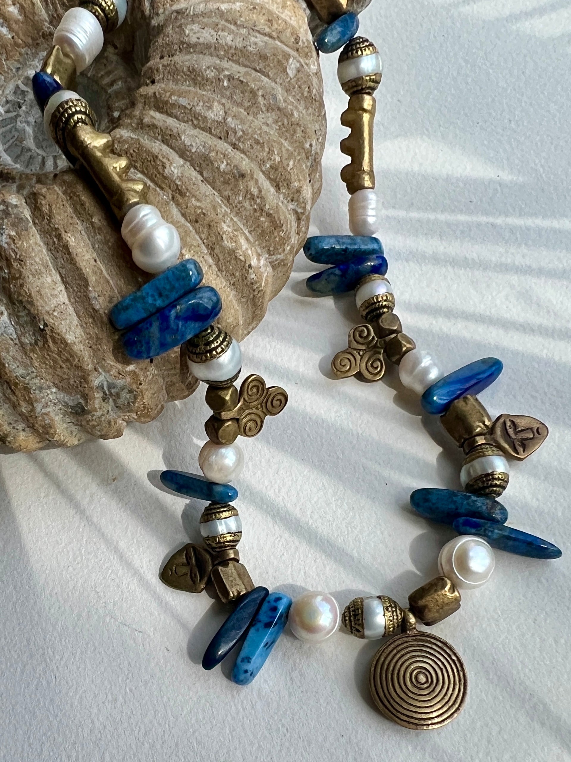 Olivie Necklace. African Brass, Keishi Pearls, Lapis Lazuli.