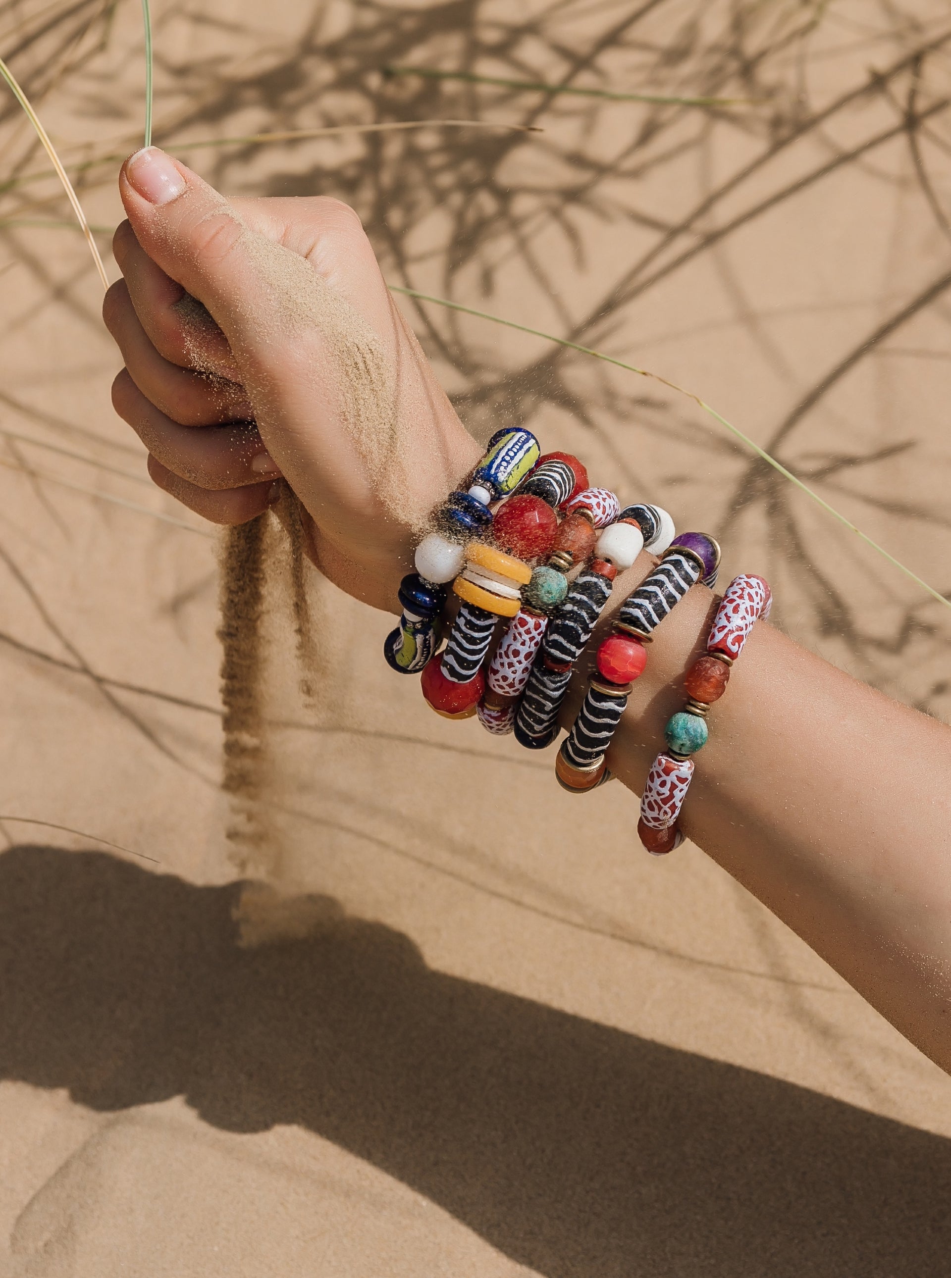 Moho Bracelet. Hand-painted recycled glass beads, Lapis Lazuli, White Agate