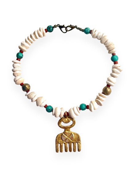 Nala Statement Necklace. African Brass, Sea Shells, Howlite.