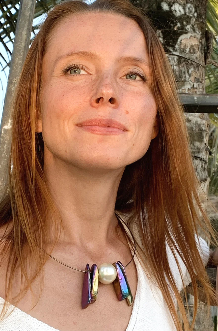 Nika Choker. Small  Faux Pearl, Anodized  Pyrite.