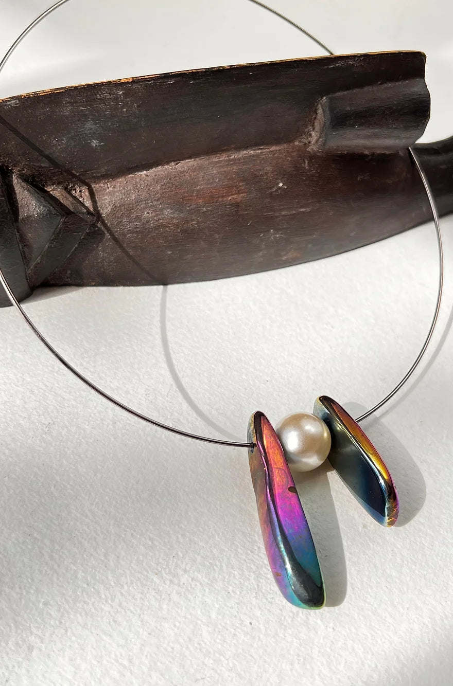 Nika Choker. Small  Faux Pearl, Anodized  Pyrite.