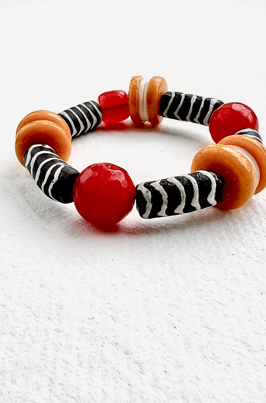 Obi Bracelet. Cornelian, Hand Painted Recycled Glass Beads