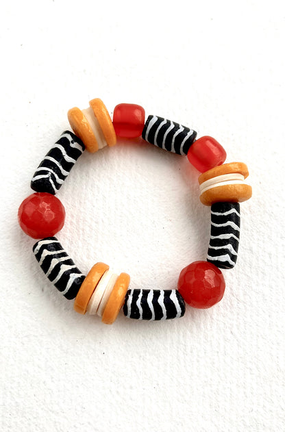 Obi Bracelet. Cornelian, Hand Painted Recycled Glass Beads