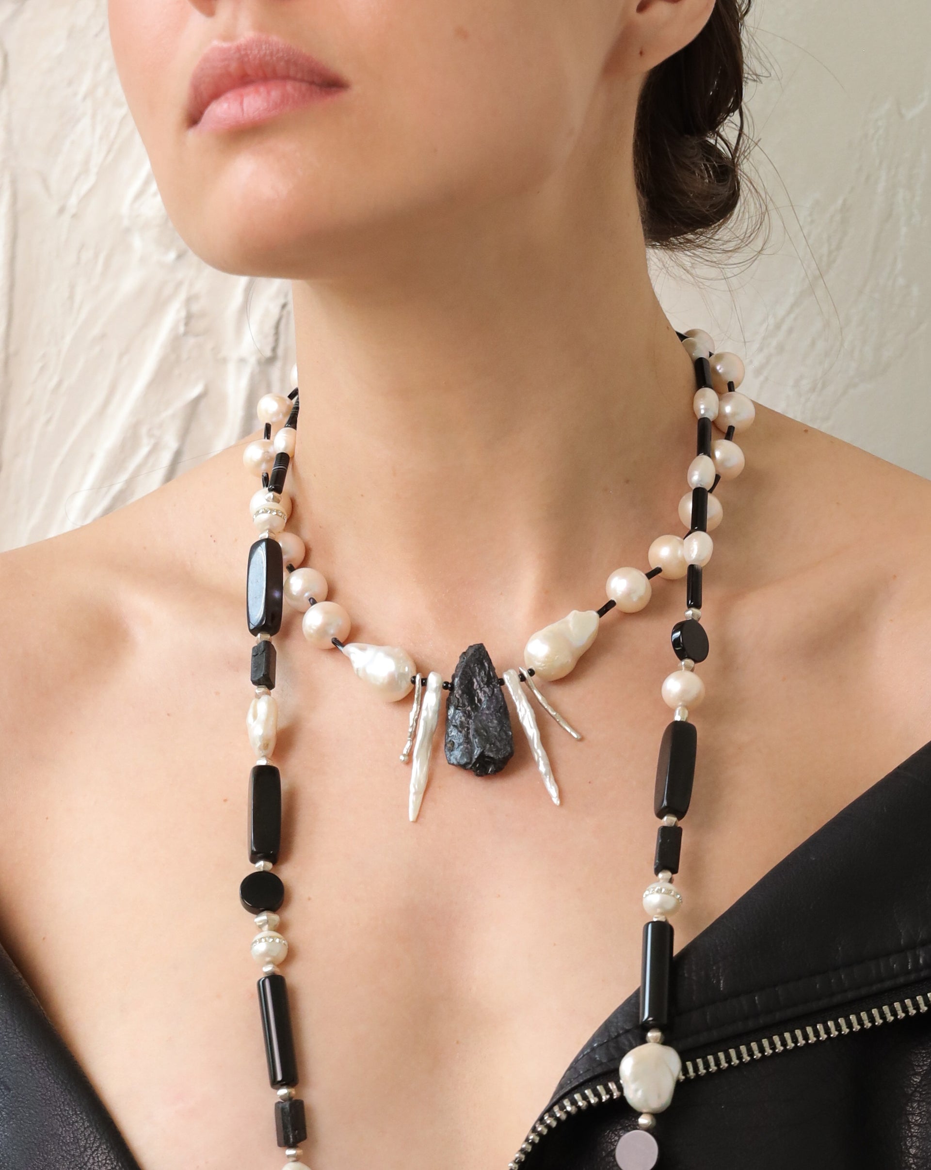 Elodie Statement Necklace with Pearls and  Tektite Pendant