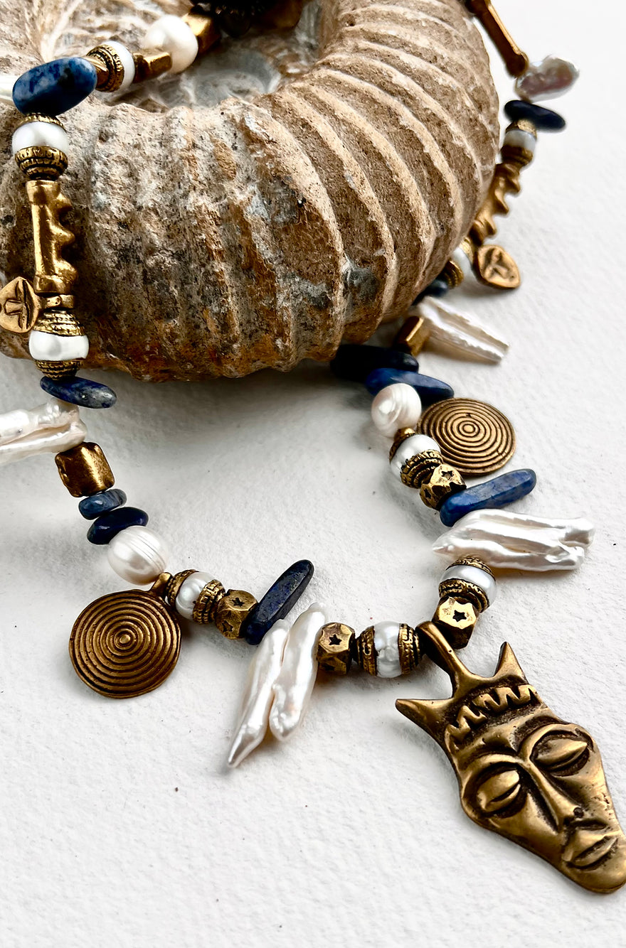 Olivie Necklace with Pendant. African Brass, Keishi Pearls, Lapis Lazuli.