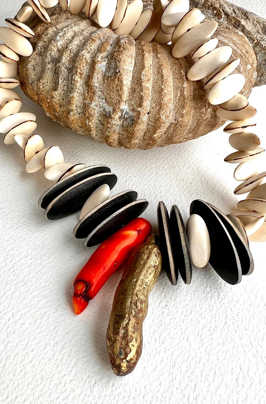 Pina Necklace. Wood, African bronze , dyed trunk coral.