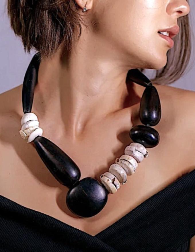 Savana Statement Necklace. Ebony Wood, Vintage Sea Shells.