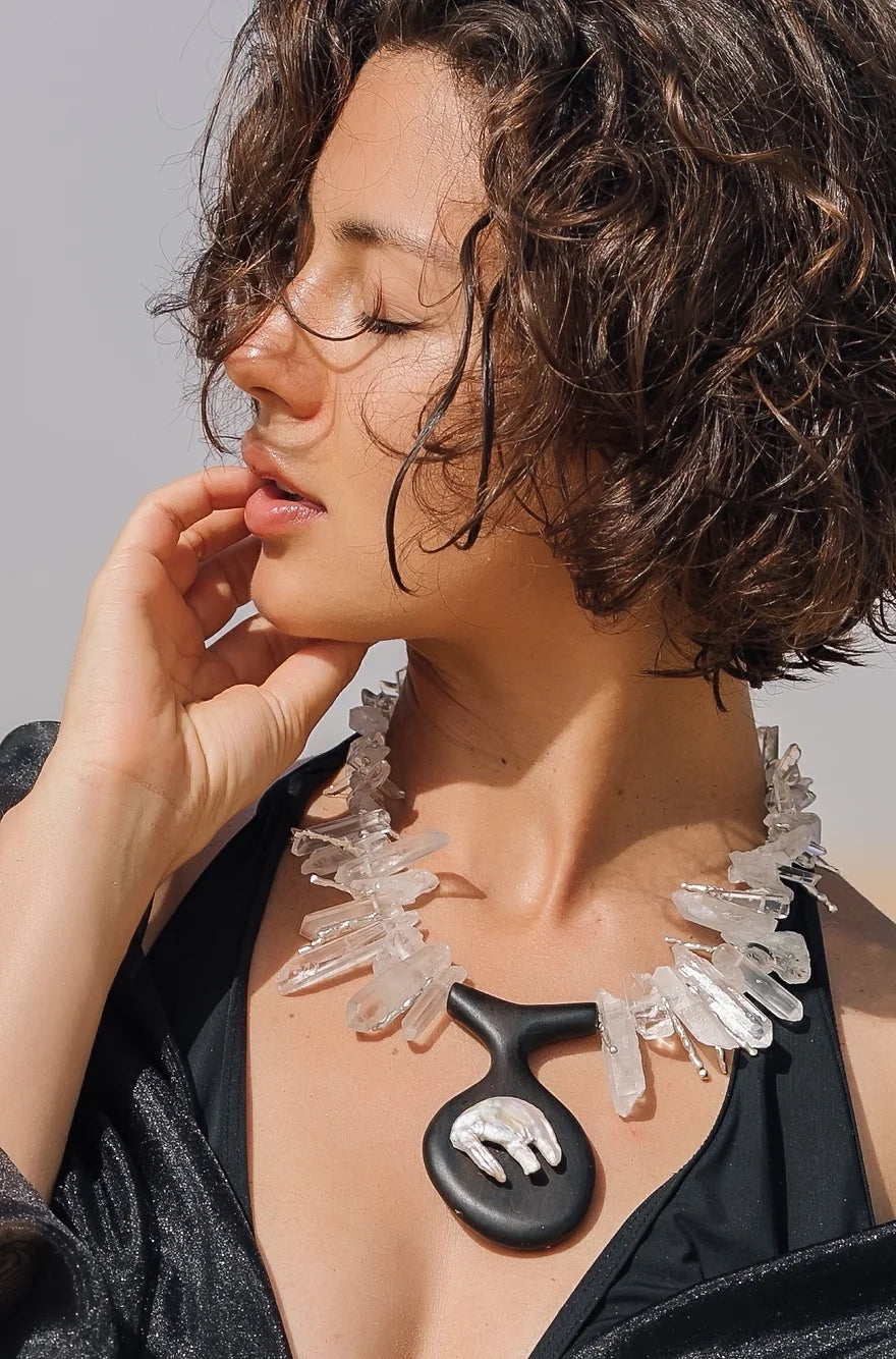 Sirena Necklace. Rock Crystal, Baroque Pearl, Ebony.