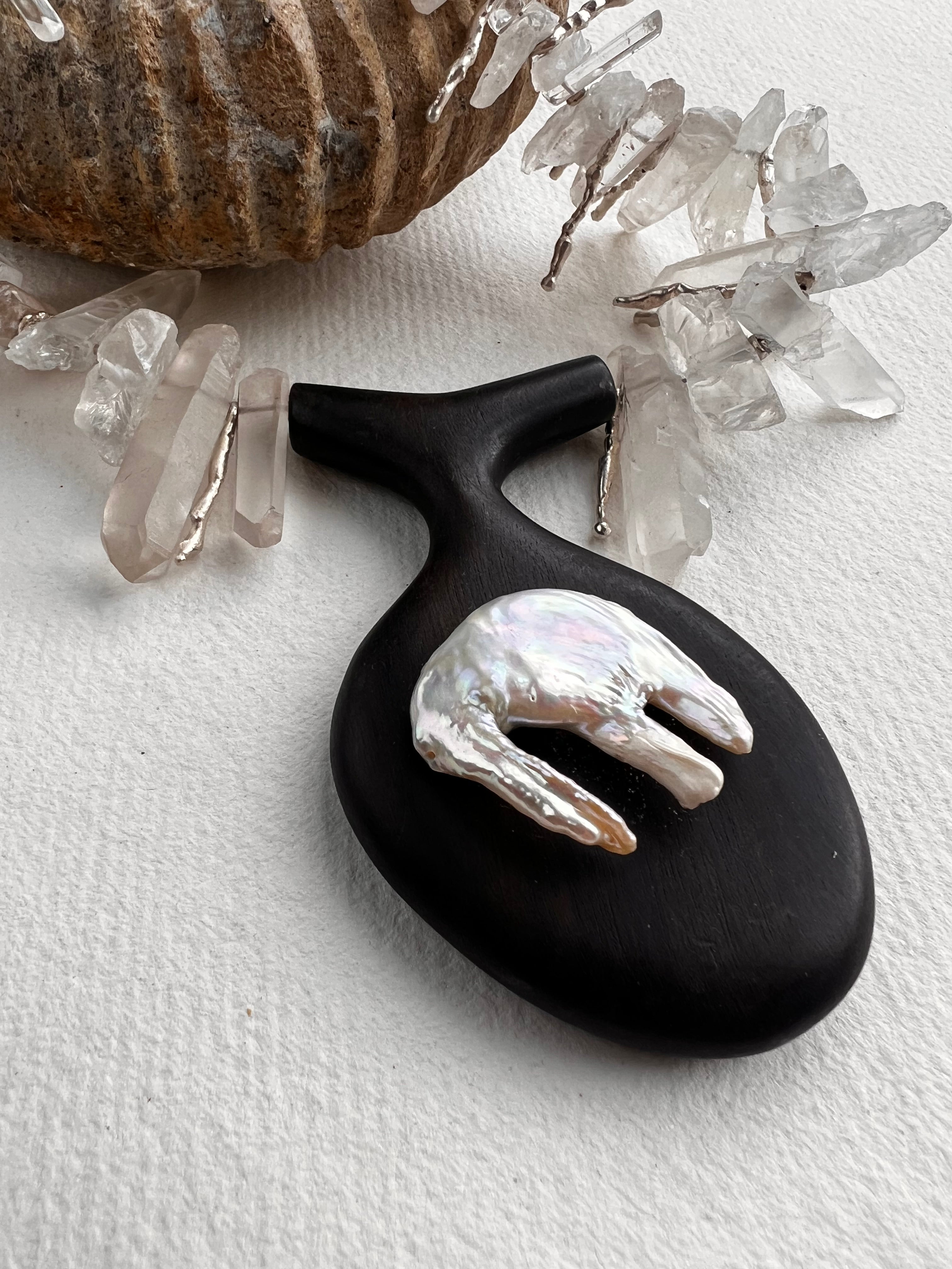 Sirena Necklace. Rock Crystal, Baroque Pearl, Ebony.