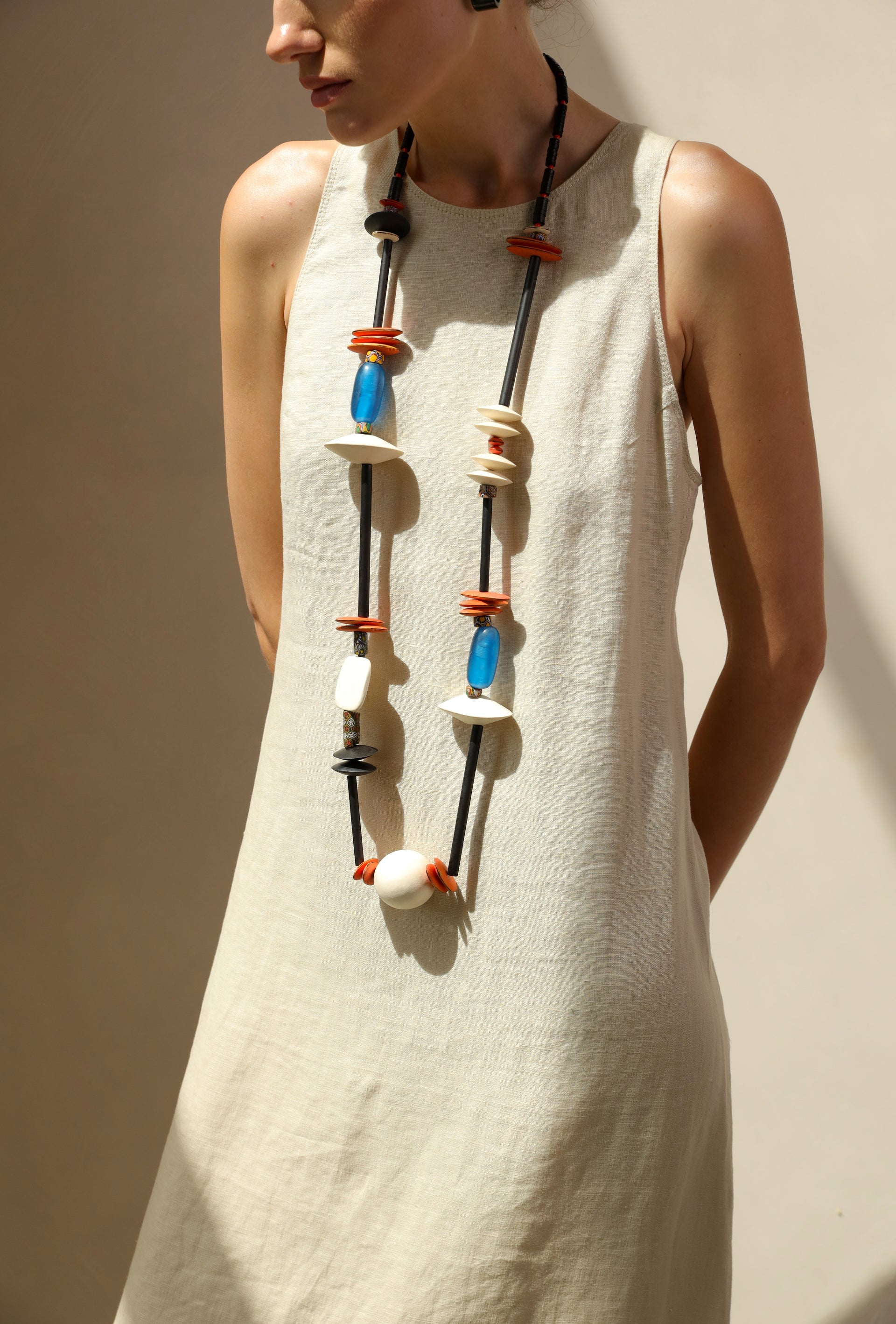 Zaire Long Necklace. Wood, Acrylic, Original Venetian Trading Beads.