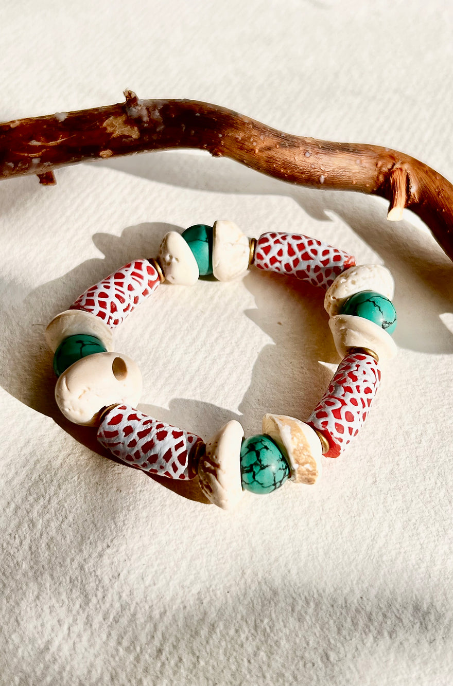 Zuri Bracelet.Hand-painted recycled glass beads, Howlite, Sea Shell