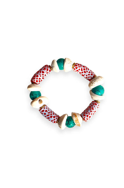 Zuri Bracelet.Hand-painted recycled glass beads, Howlite, Sea Shell