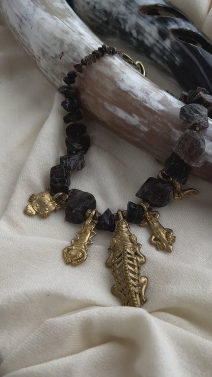 Jabari Statement Necklace.  Raw Smoky Quartz or  Amethyst, African Brass